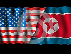 USA and North Korea. Waving flags of the United States of America and North Korea together on dramatic black