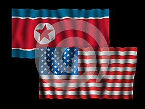 USA and North Korea. Waving flags of the United States of America and North Korea together on dramatic black