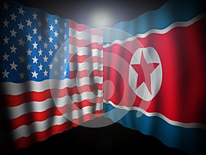 USA and North Korea. Waving perspective flags of the United States of America and North Korea together on dramatic black