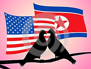 Usa North Korean Peace Doves Flags 3d Illustration