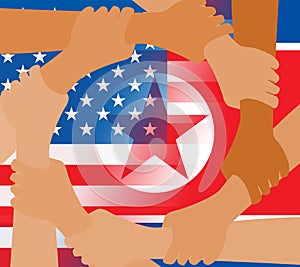 Usa North Korean Peace Hands Flags 3d Illustration