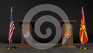 USA and North Macedonia flag. USA and North Macedonia negotiations. Rostrum for speeches. 3D work and 3D image