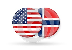 USA and Norway circle flags. 3d icon. Round Norwegian and American national symbols. Vector illustration