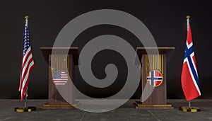 USA and Norway flag. USA and Norway negotiations. Rostrum for speeches. 3D work and 3D image