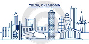 USA, Oklahoma, Tulsa winter city skyline. Merry Christmas and Happy New Year decorated banner. Winter greeting card with