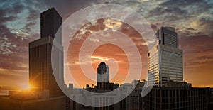 USA, Panoramic Seattle financial district and business center skyline at sunset in city downtown