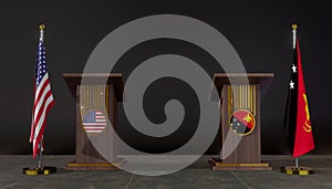 USA and Papua New Guinea flag. USA and Papua New Guinea negotiations. Rostrum for speeches. 3D work and 3D image