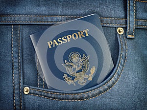 USA passport in pocket jeans. Travel, tourism, emigration and passport control concept photo