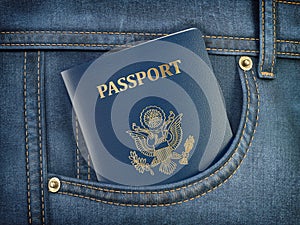 USA passport in pocket jeans. Travel, tourism, emigration and passport control concept