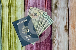 USA passport with United States of America currency money. Concept for travel, international, budget
