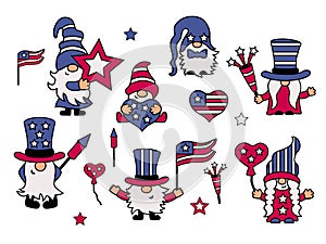USA patriotic gnomes set on white background