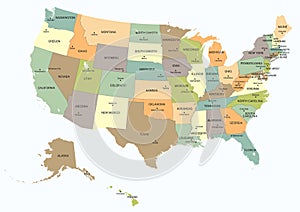 USA political map. Color vector map with state borders and capitals