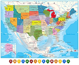 USA Political Road Map and map pointers