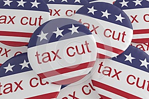 USA Politics News Badge: Pile of Tax Cut Buttons With US Flag 3d illustration