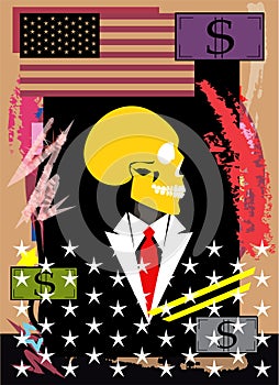 USA politics, president, skull head with suit and money bills dollars. Election and American flag poster graffiti illustration