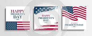 USA President`s Day greeting cards set with United States national flag. Washington`s birthday.