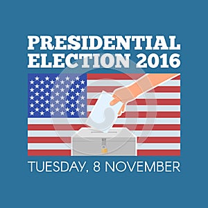 USA presidential election day concept vector illustration. Hand putting voting paper in the ballot box with american