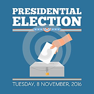 USA presidential election day concept vector illustration. Hand putting voting paper in the ballot box.