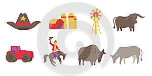USA Ranch icons set. Agriculture farm. Cowboy. American bison and a cow. Farming in America. Flat vector.