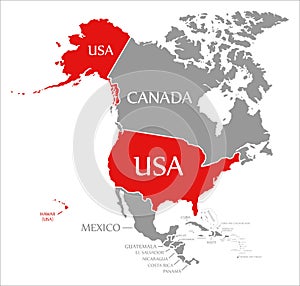 USA red highlighted in map of North America