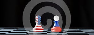 USA and Russia flag print screen on pawn chess with black background.It is symbol of tariff trade war tax barrier between United