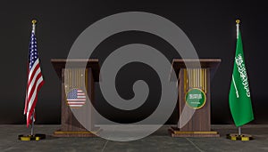 USA and Saudi Arabia flag. USA and Saudi Arabia negotiations. Rostrum for speeches. 3D work and 3D image