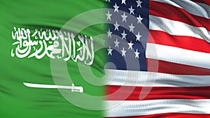 USA and Saudi Arabia politicians exchanging top secret envelopes, against flags