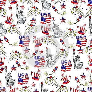 USA seamless pattern. 4th of July  background with symbols of Americans Government such as statue of liberty, flag, american eagle