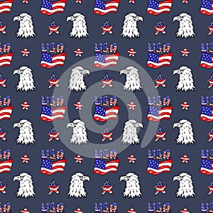 USA seamless pattern. 4th of July  background with symbols of Americans Government such as statue of liberty, flag, american eagle