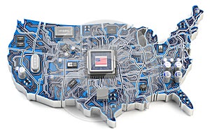 USA semiconductor industry, computer chips manufacturing and artificial intelligenceconcept. Motherboard with CPU processor in