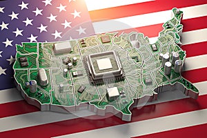 USA semiconductor industry, computer chips manufacturing and artificial intelligenceconcept. Motherboard with CPU processor in photo