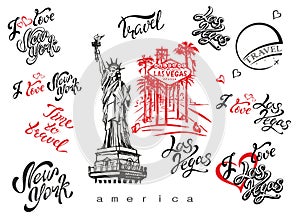 USA. Set of elements for design. Las Vegas. New york. Landmark sketches . Statue of liberty. Inspiring lettering. Templates of rea