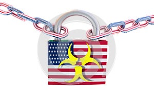 Usa shops market closed due to covid-29 coronavirus, chain padlock locked  from fear - 3d rendering