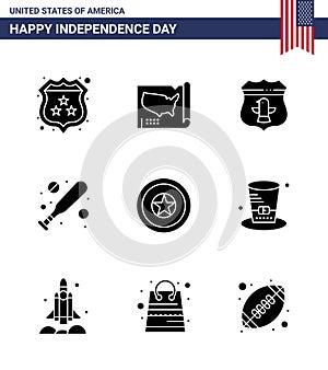 9 USA Solid Glyph Pack of Independence Day Signs and Symbols of independence day; holiday; sheild; hardball; baseball photo
