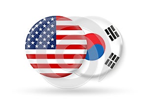 USA and South Korea circle flags. 3d icon. Round South Korean and American national symbols. Vector illustration