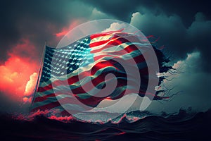 USA Stars and Stripes or Star Spangled Banner of the American national flag distressed shown riding an ocean wave