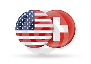 USA and Switzerland circle flags. 3d icon. Round Swiss and American national symbols. Vector illustration