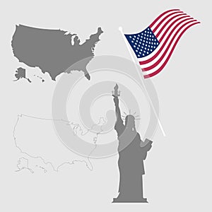 USA symbols set. Map outline, flag, statue of liberty. Vector illustration. Elements for design.