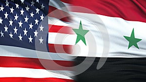 USA and Syria officials exchanging confidential envelope, flags background