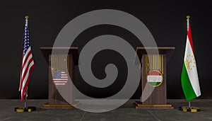 USA and Tajikistan flag. USA and Tajikistan negotiations. Rostrum for speeches. 3D work and 3D image