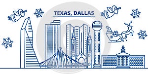 USA, Texas, Dallas winter city skyline. Merry Christmas and Happy New Year decorated banner. Winter greeting card with
