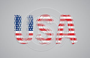 USA text wih american flag inside letters. Vector illustration. Dry brush calligraphy. United States of America