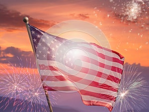 USA 4th of july independence day background of american flag with fireworks, Celebration Concept