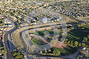 USA-themed hot air balloon over a little league baseball park in Albuquerque City, New Mexico photo