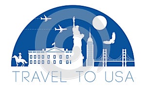 USA top famous landmark silhouette and dome with blue color style,travel and tourism