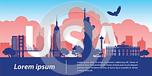 Usa top famous landmark silhouette style,USA text within,travel and tourism
