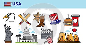 USA travel destination promotional poster with country symbols