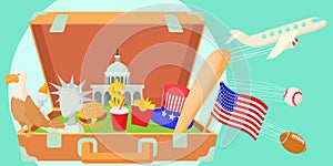 USA travel horizontal banner, cartoon style