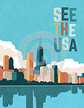 USA travel poster design template. Chicago skyline on Lake Michigan.