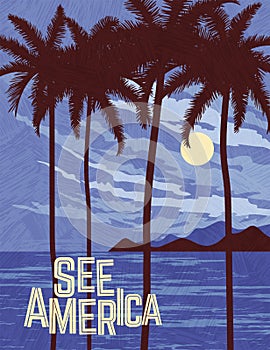 USA travel poster template of tropical paradise. Silhouette of palm trees in the moonlight.